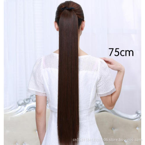 black straight drawstring ponytail hair piece, clip in long straight ponytail hair extension